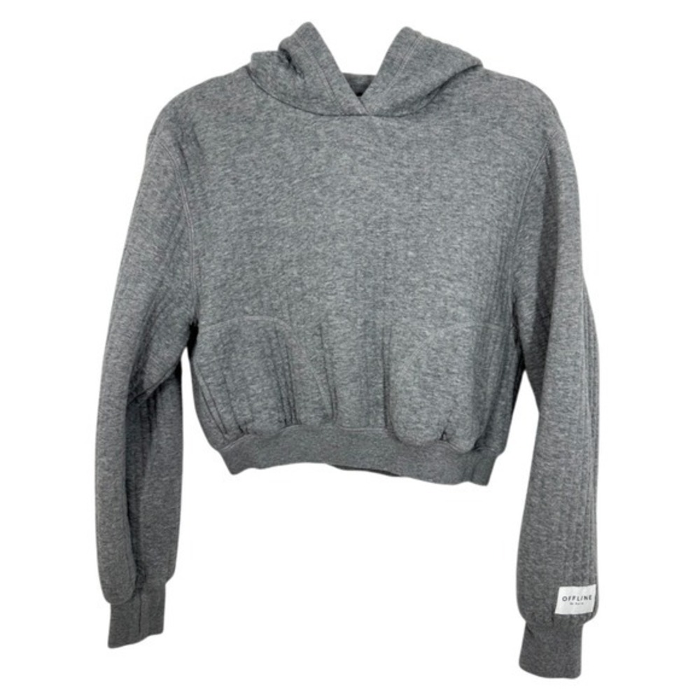 Aerie OFFLINE Quilted Cropped Hoodie Gray Thumbhole Long Sleeve‎ Size Small